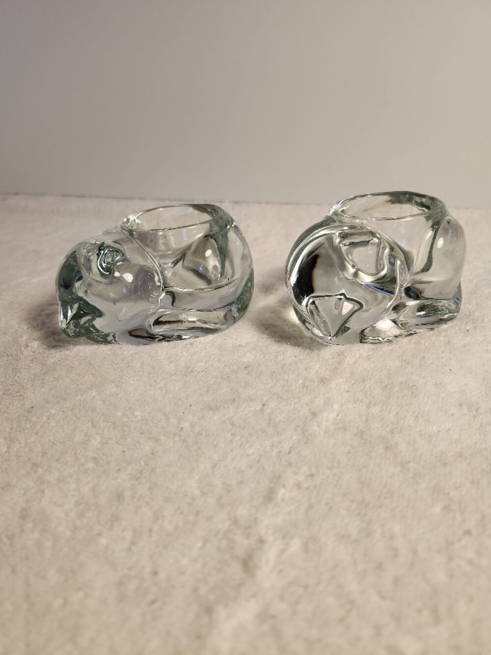 VINTAGE INDIANA GLASS CLEAR CRYSTAL SLEEPING CAT VOTIVE TEA LIGHT CANDLE HOLDERS